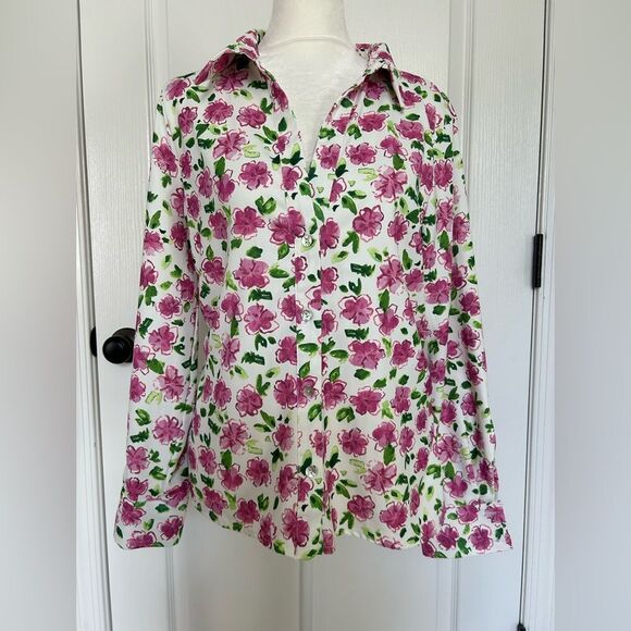 Zara Women’s Floral White with Vibrant Pink Button Down Top Blouse Size Large - Picture 1 of 15